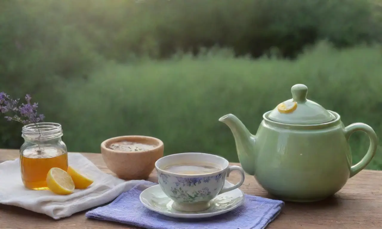 Un paisaje sereno con té de hierbas, flores y una atmósfera tranquila