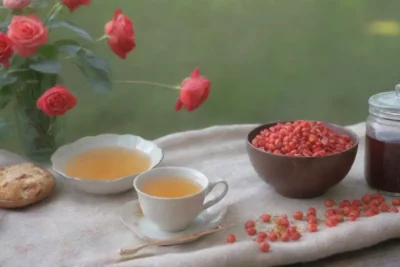 Un acogedor escenario con té de rosa mosqueta