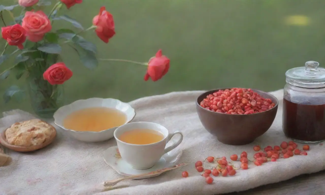 Un acogedor escenario con té de rosa mosqueta