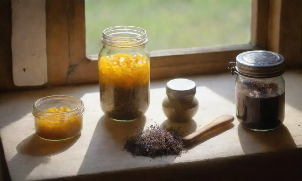 Una mesa rústica con elementos naturales y creativos listos para la sanación