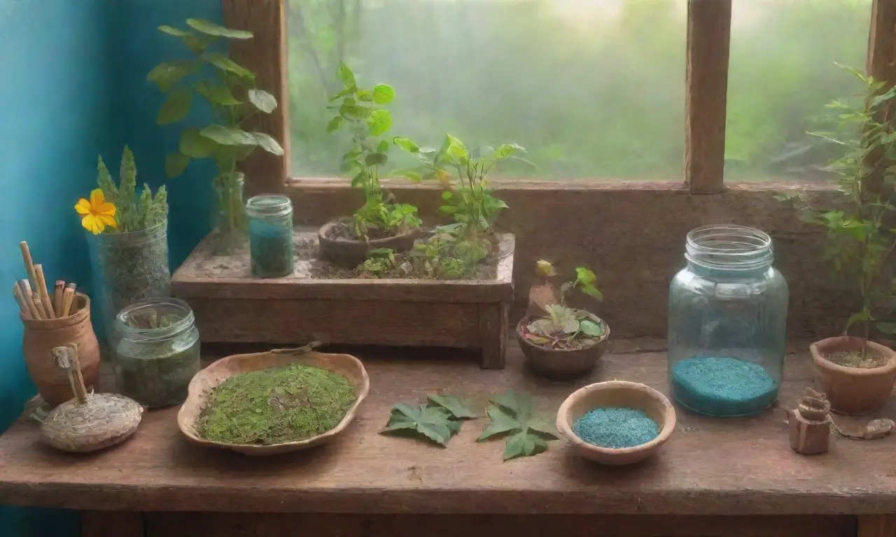 Un bosque verde y soleado con hierbas, frascos de colores, té herbal y un ambiente sereno