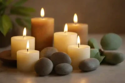 hojas de eucalipto y aceites esenciales dispuestos en un entorno de spa tranquilo con velas y piedras calmantes.
