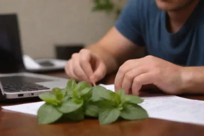 Hojas de menta frescas mostradas junto a una persona enfocada que estudia en un escritorio.