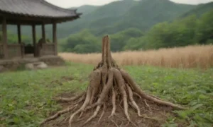 Las raíces tradicionales de ginseng coreano se exhiben junto con artefactos culturales y exuberantes campos verdes.