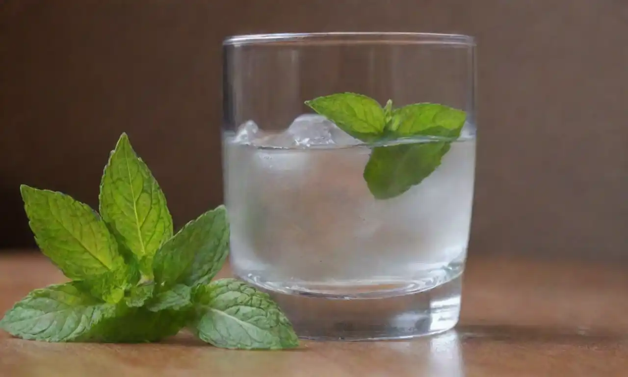 Hojas de menta fresca junto a un vaso de agua