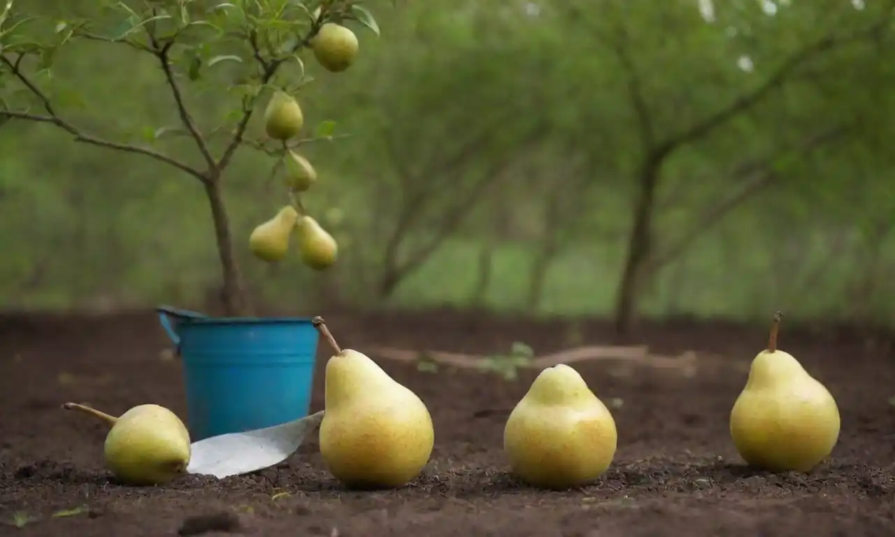 Pears creciendo en árboles saludables con herramientas de jardinería y consejos mostrados cerca.