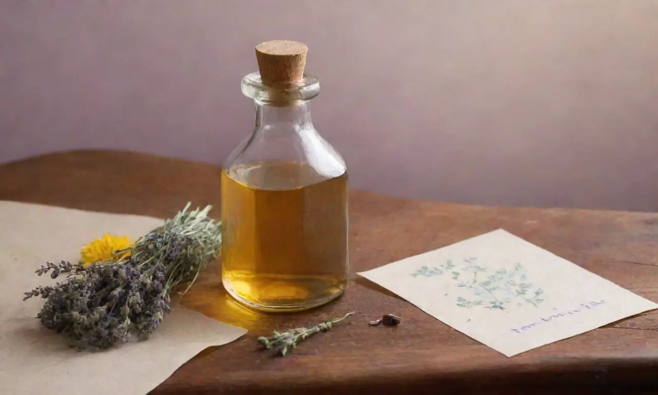 Un ambiente sereno con fondo verde, hierbas delicadas, una botella vintage y notas manuscritas