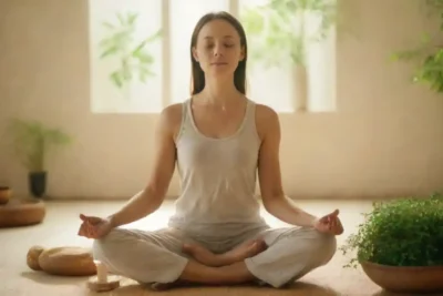Las hojas de Moringa se exhiben junto a una persona serena meditando en un ambiente pacífico.