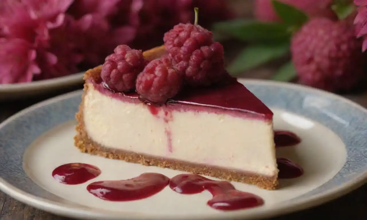 Una rebanada de torta de queso con flores frescas de monarda, presentada en una placa decorativa.