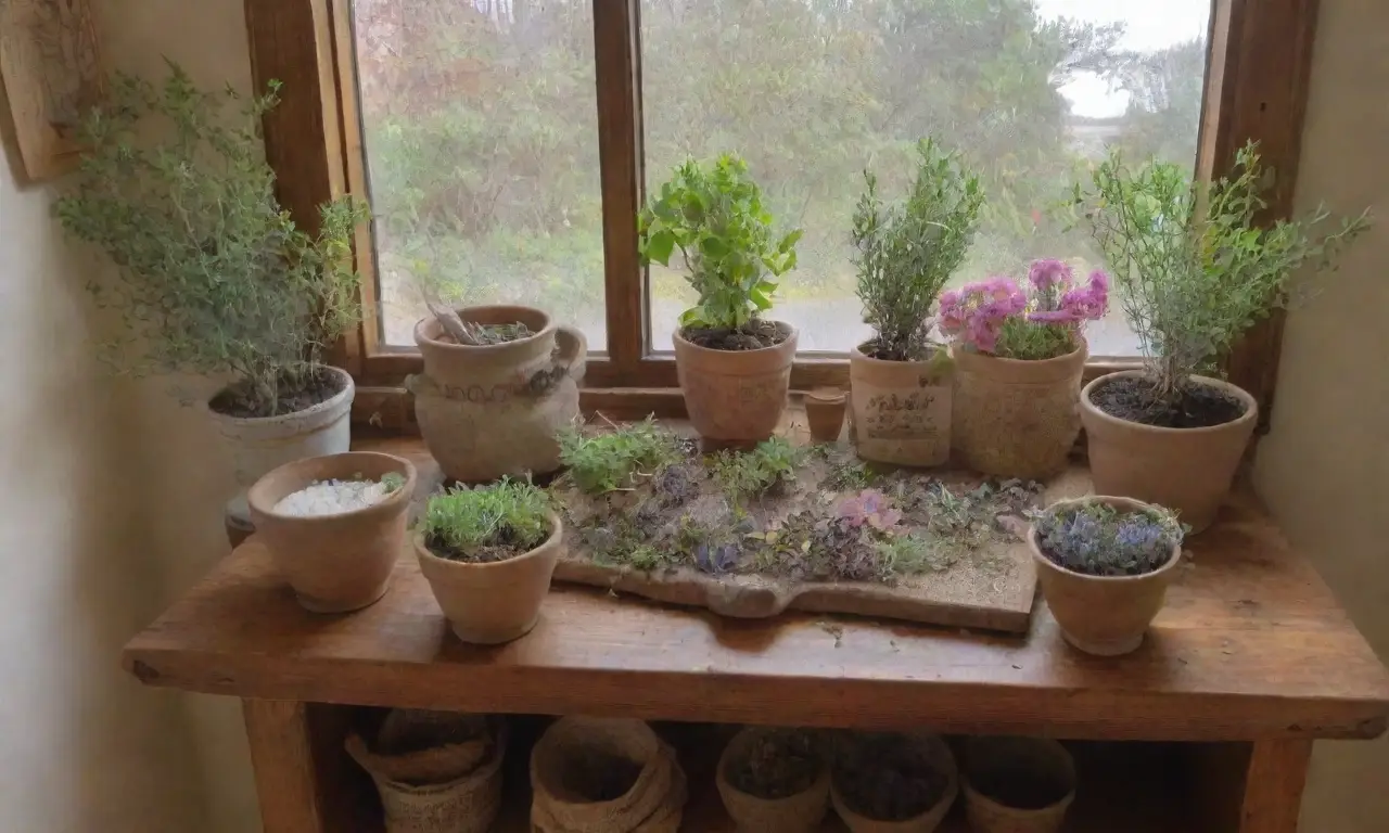Un rincón acogedor lleno de hierbas, libros antiguos y aromas de sanación