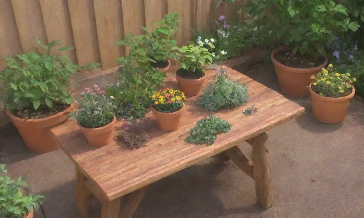 Un jardín vibrante lleno de plantas, flores, herramientas y aromas