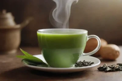 Una taza de vapor de té verde rodeado de hojas de té frescas e iconos de salud.