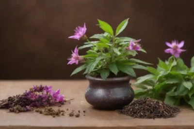 Planta Monarda mostrada junto con ingredientes tradicionales de la medicina herbal china.