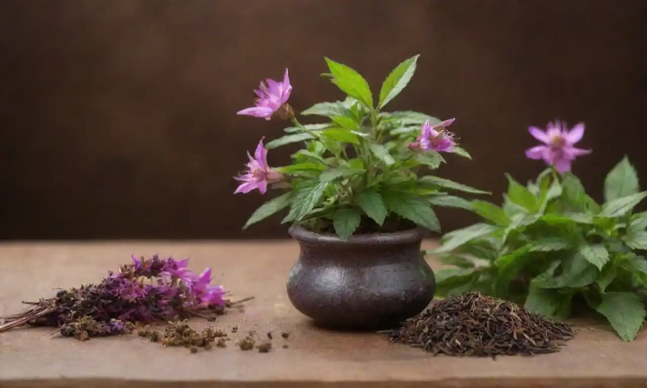 Planta Monarda mostrada junto con ingredientes tradicionales de la medicina herbal china.