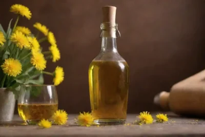 Una botella de vino de león rodeado de flores de león frescas y equipo de cerveza.