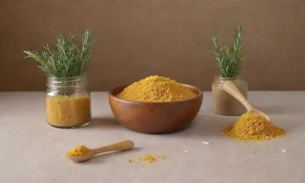 Un acogedor ambiente de cocina con raíces de jengibre, hojas verdes, ungüentos dorados y flores blancas