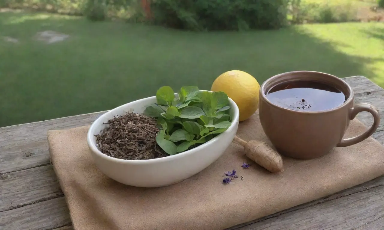 Un ambiente acogedor y saludable con hojas verdes, flores moradas, té humeante y luz natural