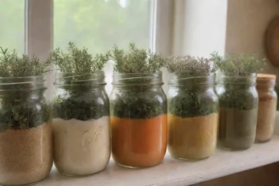 Un rincón acogedor de cocina con frascos de vidrio