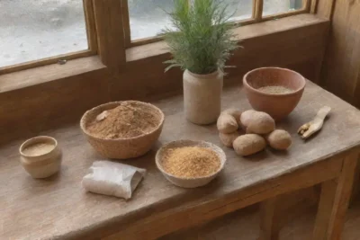 Una mesa rústica con jengibre fresco
