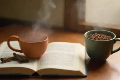 Una taza de vapor de infusión de hierbas con clavos junto a un libro abierto y un notepad.