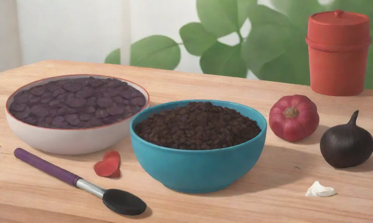 Un acogedor ambiente de cocina con un fondo púrpura, ajo negro, corazones de ajo, un estetoscopio, ilustraciones de salud cardíaca y luz suave