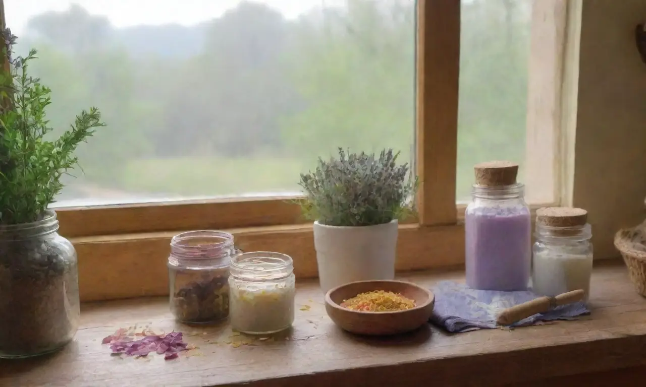 Un ambiente sereno con hierbas, frascos, aceites esenciales y luz natural