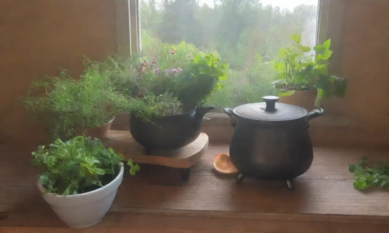 Un rincón acogedor de cocina lleno de hierbas frescas, té humeante y una atmósfera serena