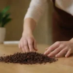 Persona limpiando un hogar con clavos y suministros de limpieza natural en una mesa.