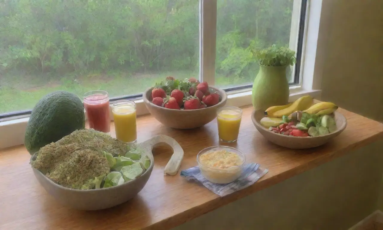 Escena de cocina vibrante con frutas frescas, semillas de chía y un ambiente acogedor