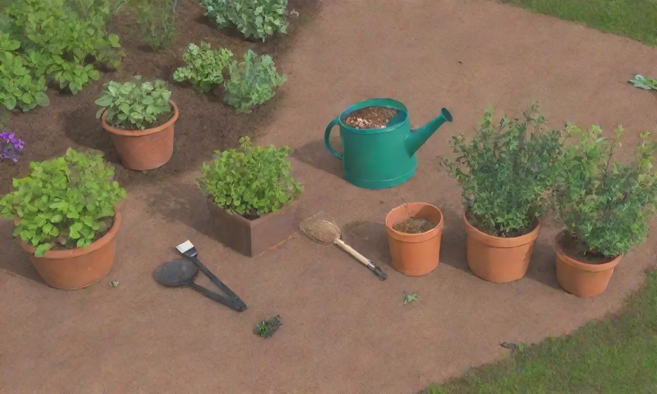 Un jardín sereno con hierbas frescas, flores coloridas y herramientas de jardinería