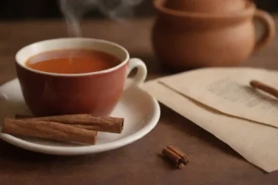 Una taza de vapor de té de canela rodeada de palos de canela y tarjetas de receta.