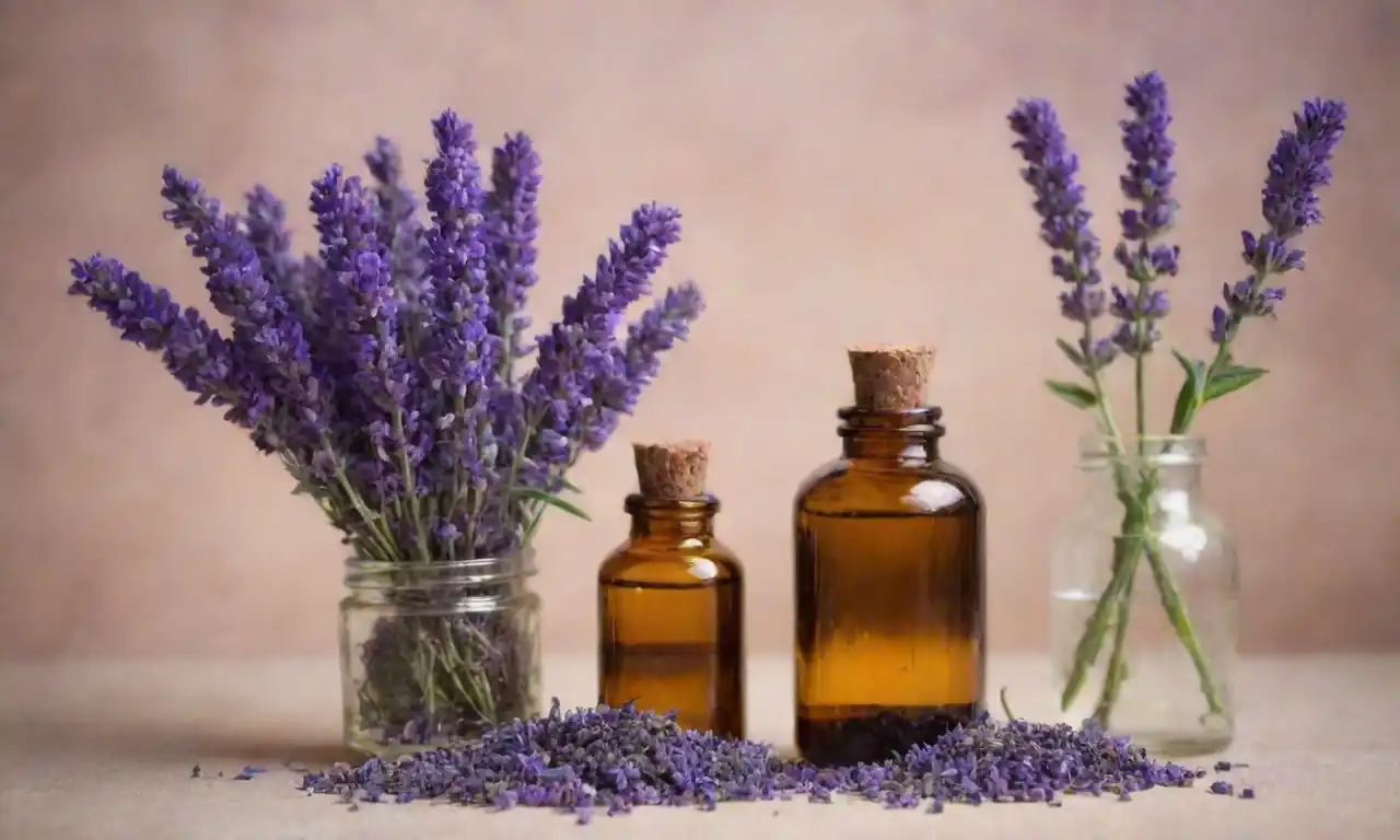 Ramo de lavanda junto a frascos de aceites esenciales y hierbas medicinales.