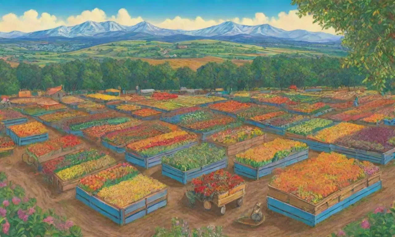 Campos verdes vibrantes con cultivos dorados, agricultores trabajando y abundancia de frutas y verduras bajo un cielo azul