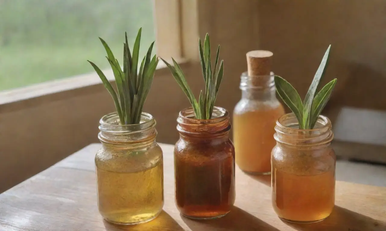 Un ambiente acogedor y natural con hojas de salvia, frascos de tinturas doradas y hierbas secas