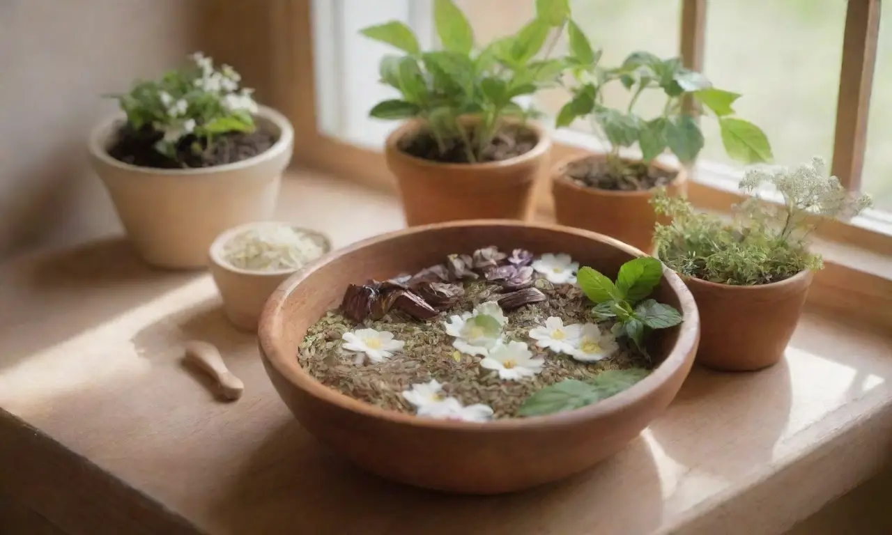 Un rincón acogedor y vibrante lleno de naturaleza, té herbal y bienestar