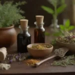 Un surtido de remedios herbarios y técnicas calmantes exhibidas en una tabla.