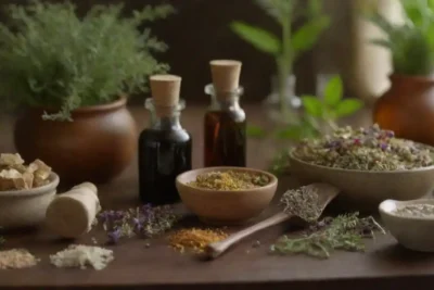 Un surtido de remedios herbarios y técnicas calmantes exhibidas en una tabla.