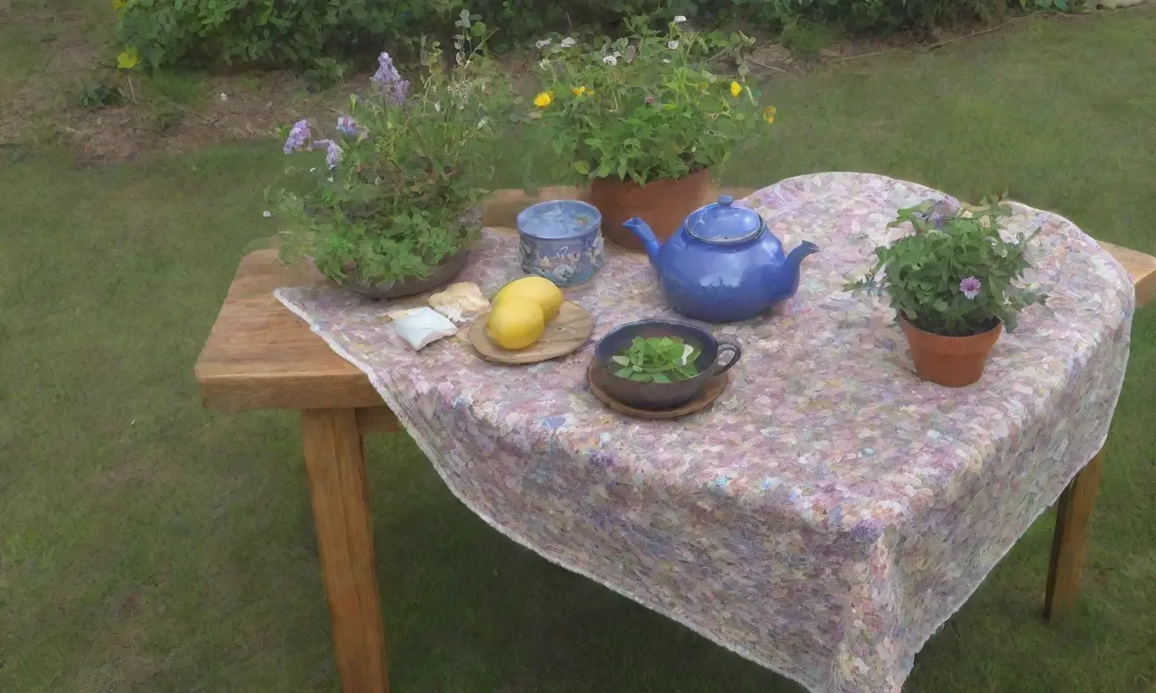Un momento de relajación en un jardín sereno con té, flores y una suave brisa