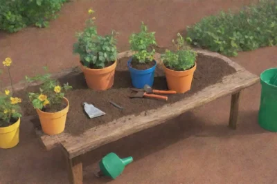 Un jardín vibrante con herramientas de jardinería