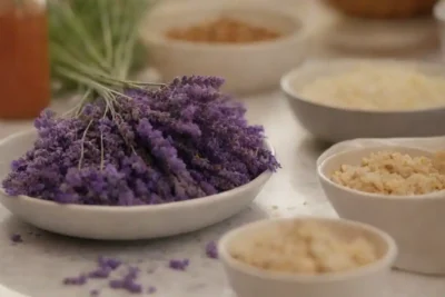 Almuerzo de flores de lavanda comestible mostrado junto a varios platos culinarios.