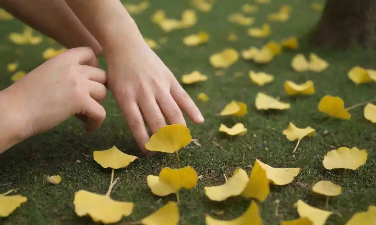 hojas de Ginkgo biloba exhibidas junto a una persona que participa en actividades saludables al aire libre.