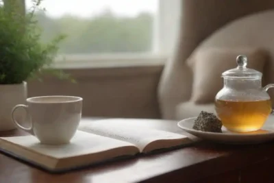 Botella de suplemento valeriano junto a un té calmante y un rincón de lectura acogedor.