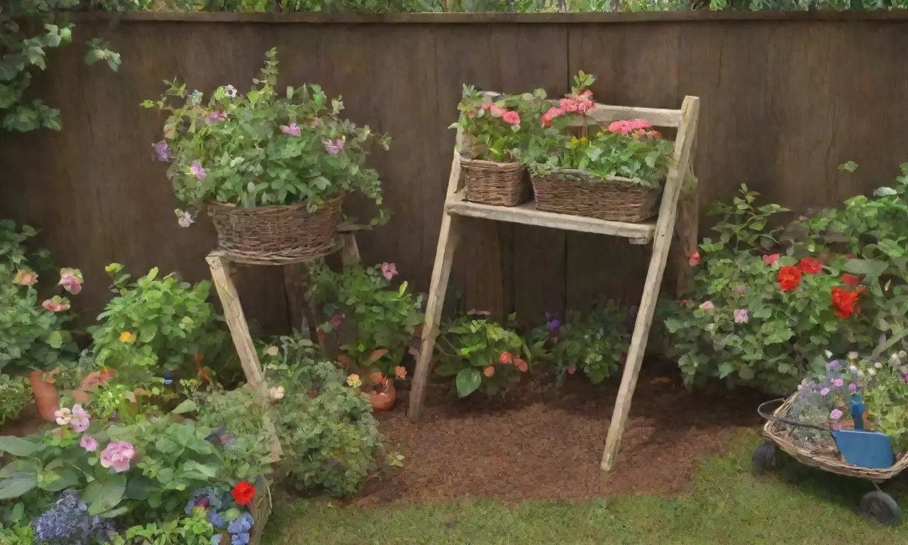Un jardín vibrante y armonioso con hojas verdes, flores, herramientas y naturaleza en plena vida