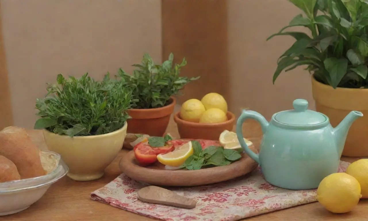 Un ambiente acogedor de infusión herbal con colores vibrantes y aromas cautivadores