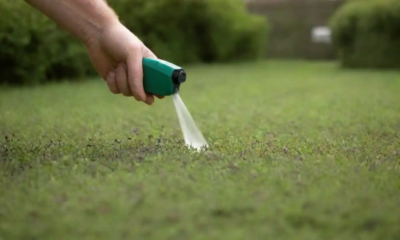 Una persona que aplica el spray de control de plagas basado en tomillo en un jardín.