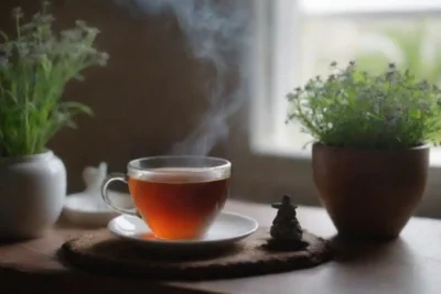Un set de té herbal calmante con raíces valerianas y una taza de vapor junto a un ambiente acogedor.