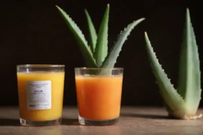Planta Aloe vera junto a un vaso de jugo y una etiqueta de seguridad.