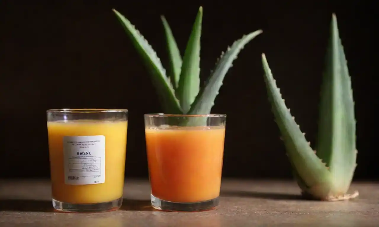 Planta Aloe vera junto a un vaso de jugo y una etiqueta de seguridad.