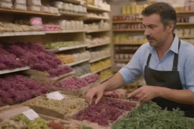 Un emprendedor presentando productos de monarda en un mercado local.