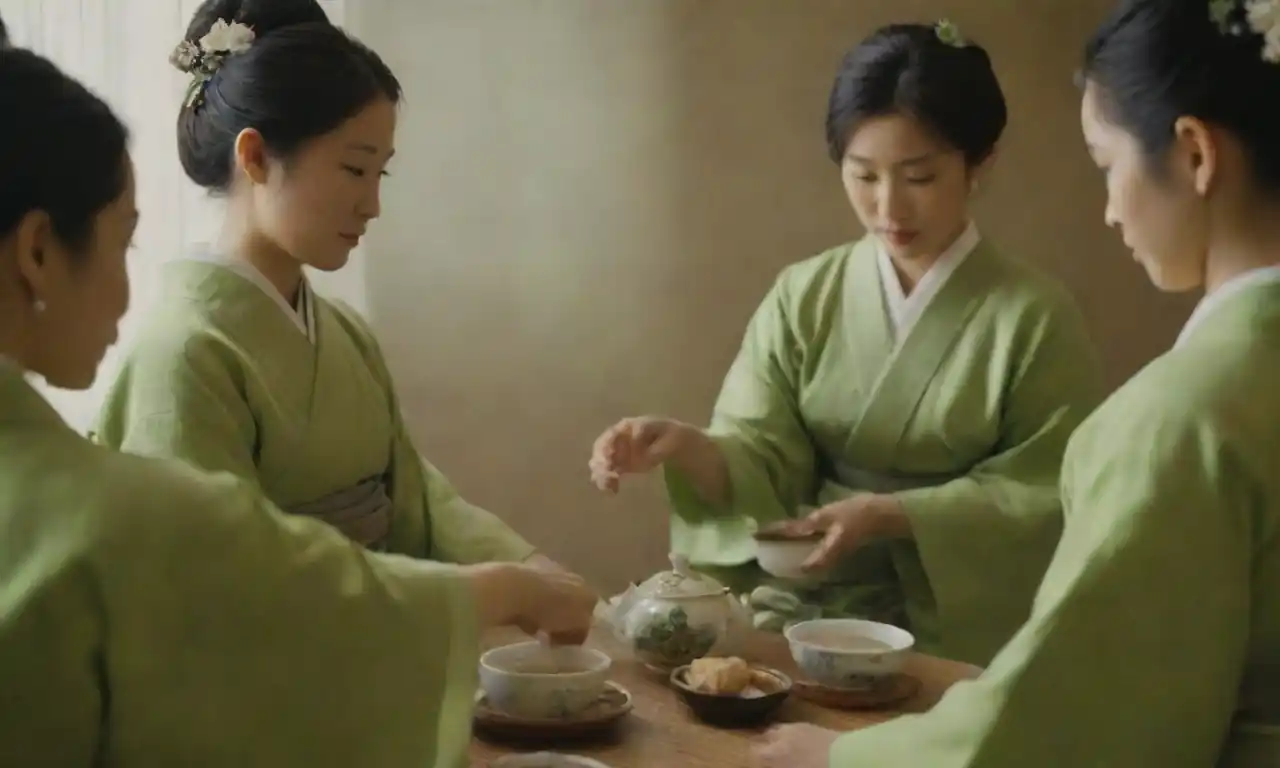 Ceremonia con individuos compartiendo té verde en traje tradicional japonés.